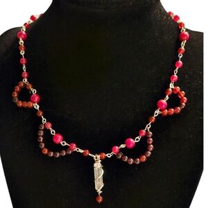 Hand Crafted Carnelian, Garnet, Rare Red Coral, Quartz Point Necklace